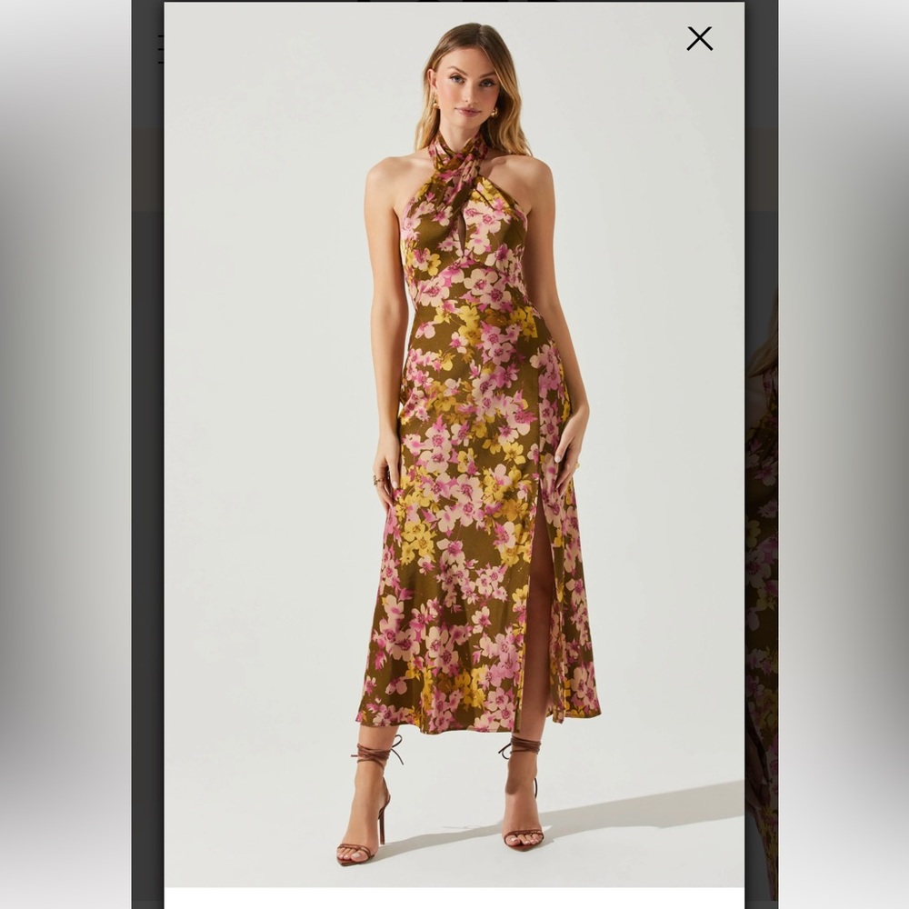 Astr Floral Halter Midi Dress in Olive and Pink